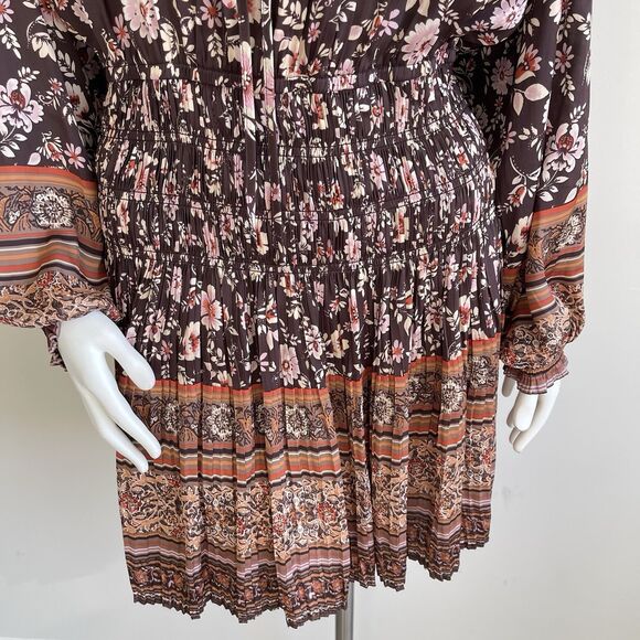Current Air Long Sleeve Satin Pleated Boho Dress Brown Floral M Cottage Chic - Picture 3 of 14